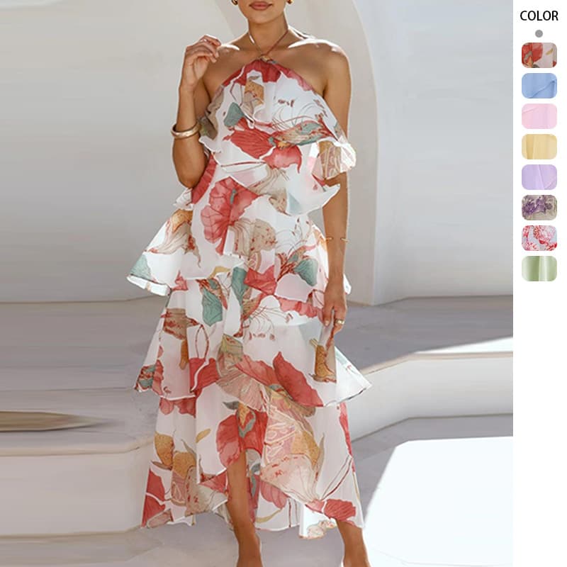 2026 cross-border new style off-shoulder European and American fashion chiffon printed fairy long temperament evening dress dress 1