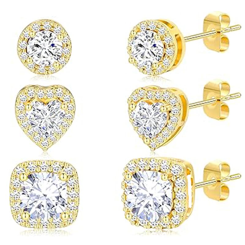Cross-border hot-selling golden zircon earring set, round, square and heart shape, fashionable daily wear jewelry for women 7