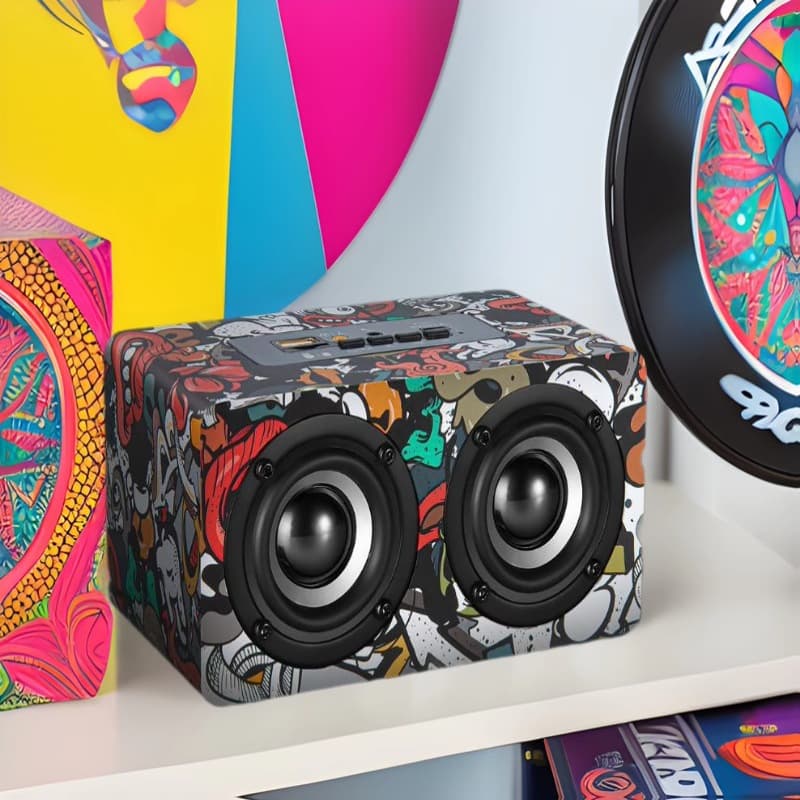 Creative gift graffiti wooden Bluetooth speaker portable card audio BRIC gift digital small speaker 1