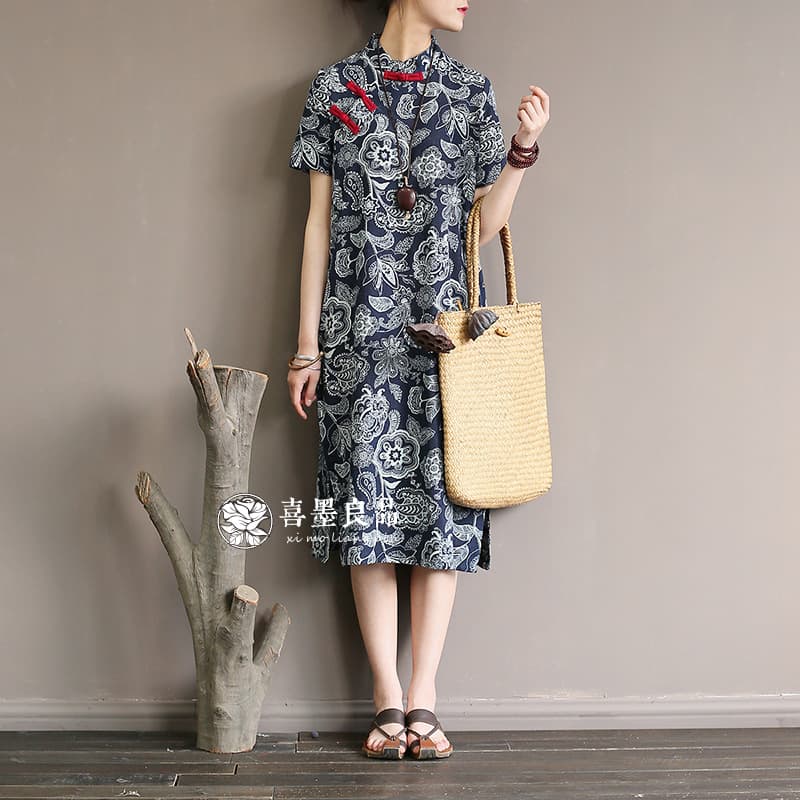 1855 Ximo Original Summer New Retro Blue Printed Cloth Button Slit Short Sleeve Dress Cheongsam 2