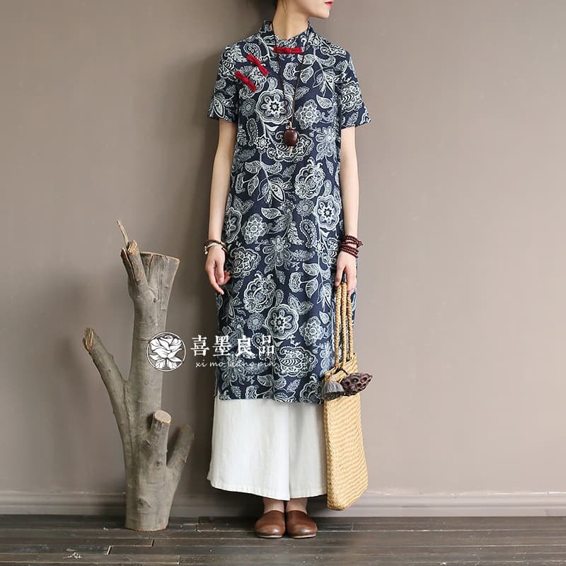 1855 Ximo Original Summer New Retro Blue Printed Cloth Button Slit Short Sleeve Dress Cheongsam 4