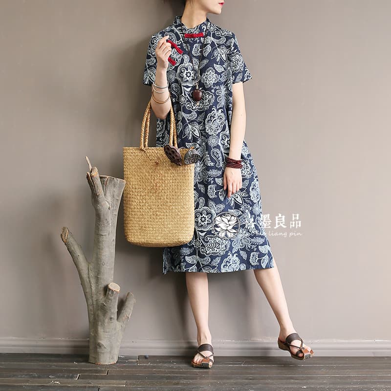 1855 Ximo Original Summer New Retro Blue Printed Cloth Button Slit Short Sleeve Dress Cheongsam 5