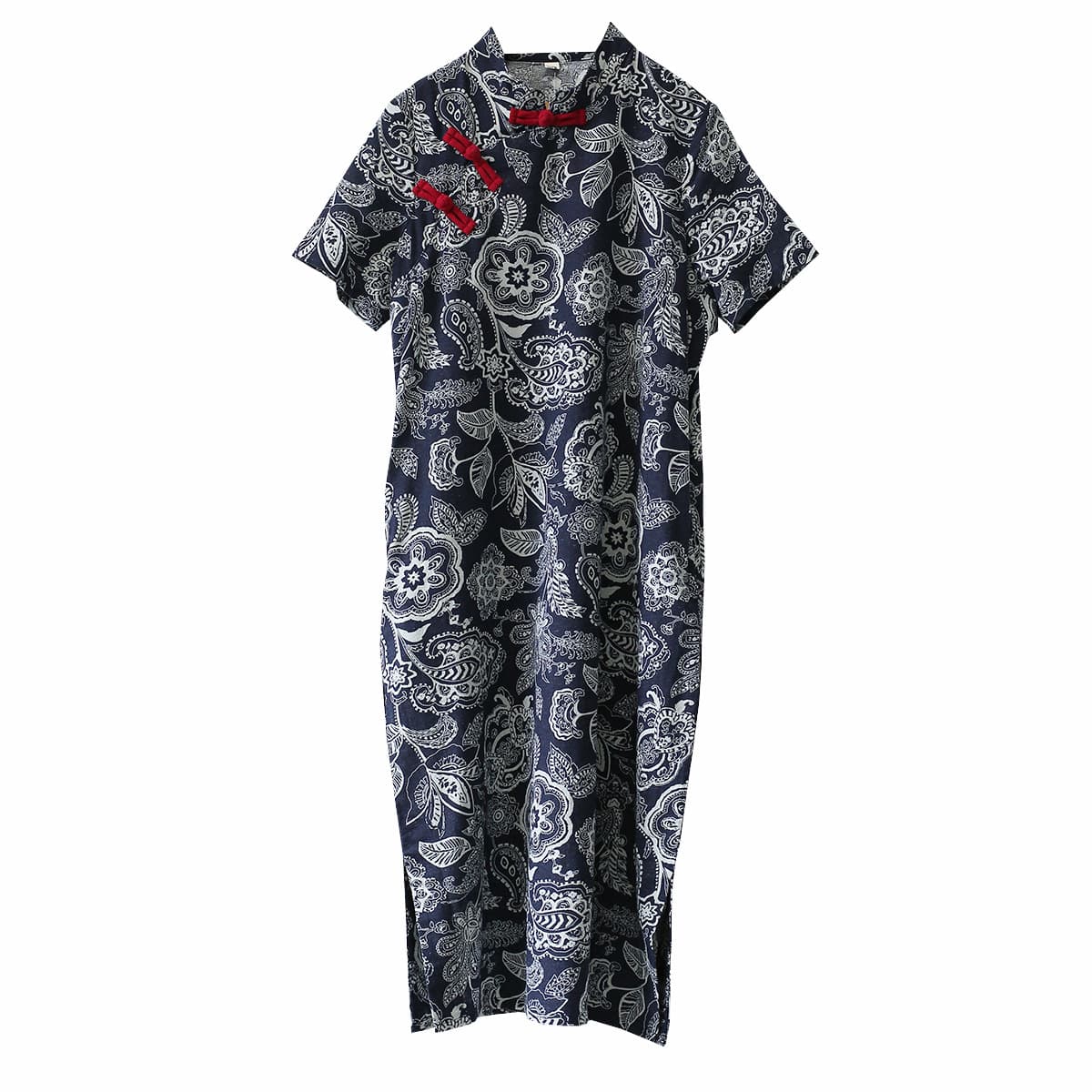 1855 Ximo Original Summer New Retro Blue Printed Cloth Button Slit Short Sleeve Dress Cheongsam 6