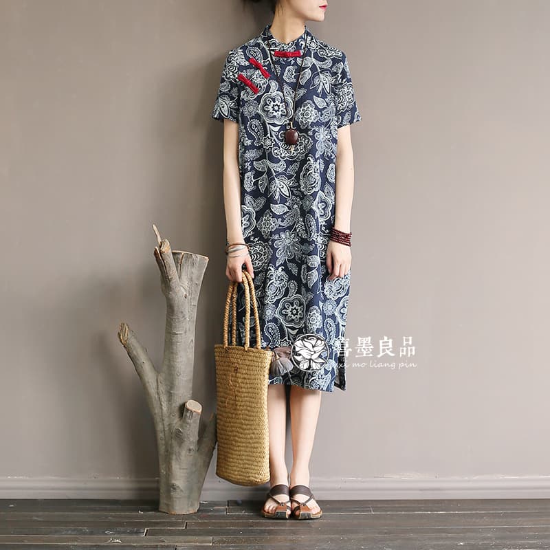 1855 Ximo Original Summer New Retro Blue Printed Cloth Button Slit Short Sleeve Dress Cheongsam 7