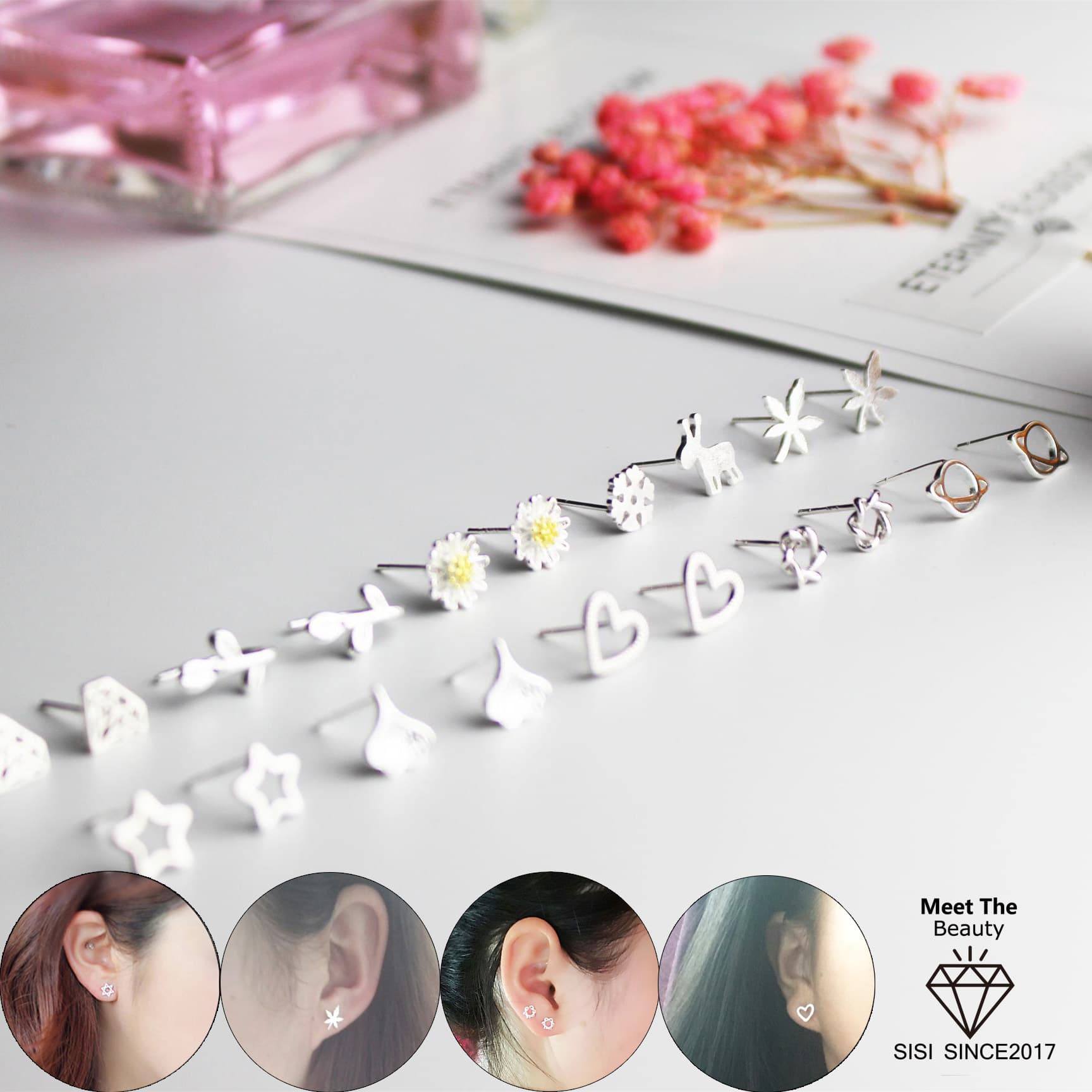 Collection of 4s925 sterling silver needle earrings for women, one-week earrings, temperament, Korean version, personalized and creative small ear jewelry, street stalls 4