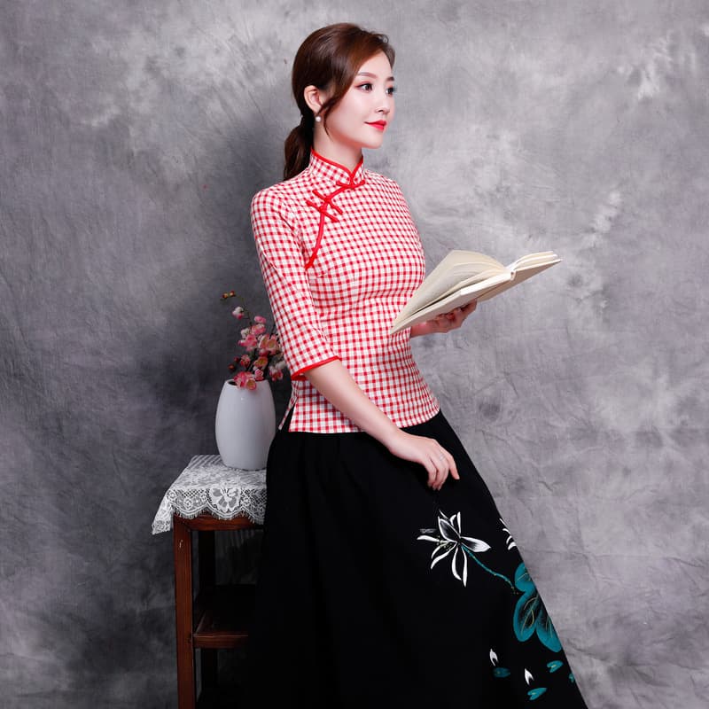 Plaid cheongsam suit traditional retro mid-sleeve spring and autumn new spring and autumn Chinese ethnic style ancient costume tea suit for women Tang suit 2