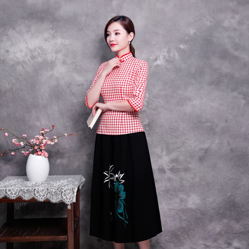 Plaid cheongsam suit traditional retro mid-sleeve spring and autumn new spring and autumn Chinese ethnic style ancient costume tea suit for women Tang suit 3