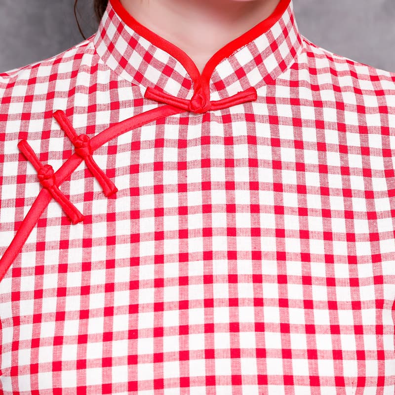 Plaid cheongsam suit traditional retro mid-sleeve spring and autumn new spring and autumn Chinese ethnic style ancient costume tea suit for women Tang suit 4
