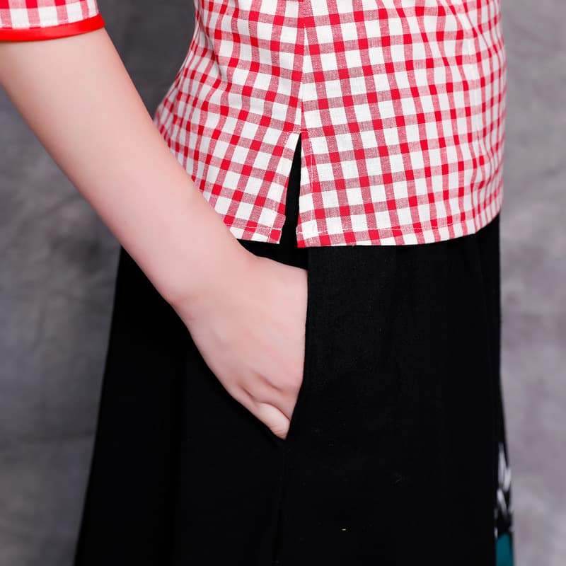 Plaid cheongsam suit traditional retro mid-sleeve spring and autumn new spring and autumn Chinese ethnic style ancient costume tea suit for women Tang suit 5