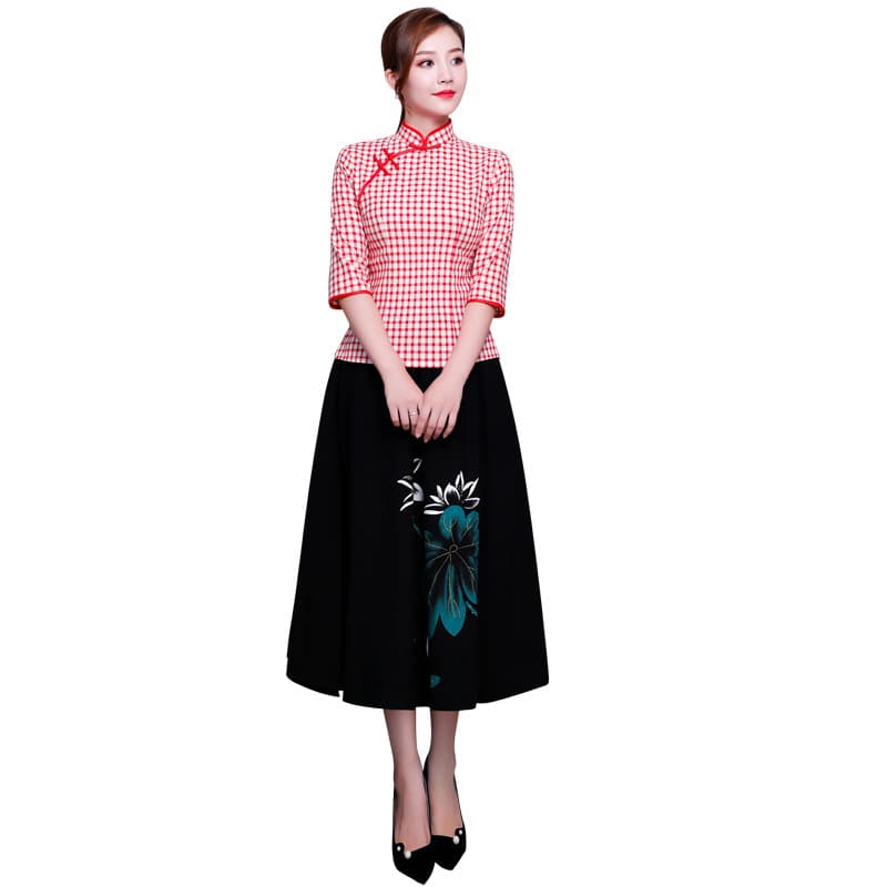 Plaid cheongsam suit traditional retro mid-sleeve spring and autumn new spring and autumn Chinese ethnic style ancient costume tea suit for women Tang suit 6