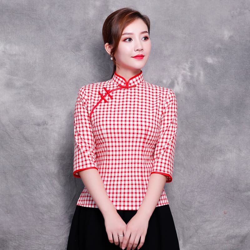 Plaid cheongsam suit traditional retro mid-sleeve spring and autumn new spring and autumn Chinese ethnic style ancient costume tea suit for women Tang suit 9