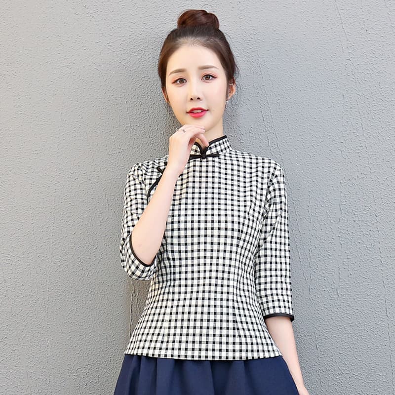 Plaid cheongsam suit traditional retro mid-sleeve spring and autumn new spring and autumn Chinese ethnic style ancient costume tea suit for women Tang suit 10