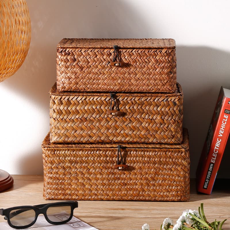Straw covered storage box desktop organizer home creative handwoven packaging box gift box non-rattan 4