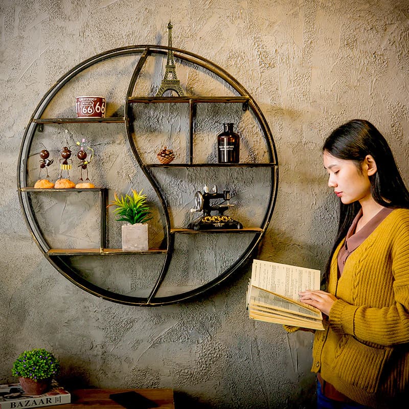 Industrial style wall shelf home multi-layer solid wood bookshelf round bagua wall hanging retro iron wall decoration 1