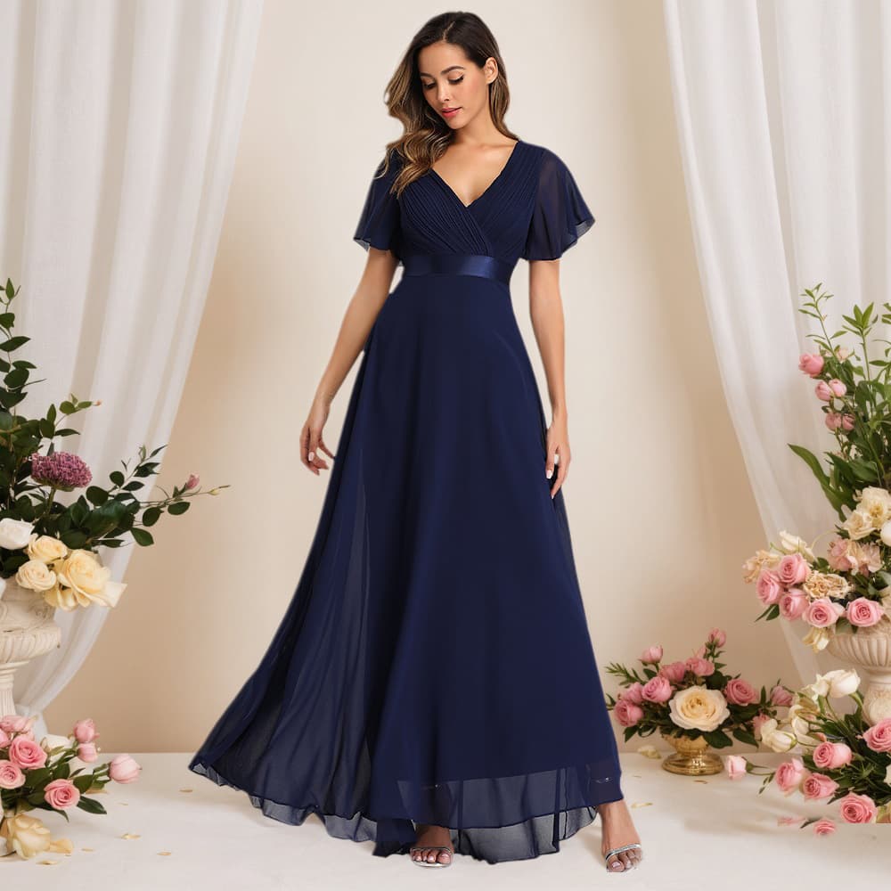25 spring and summer hand-folded double V-neck trumpet sleeve dress elastic chiffon banquet bridesmaid plus size evening dress 2
