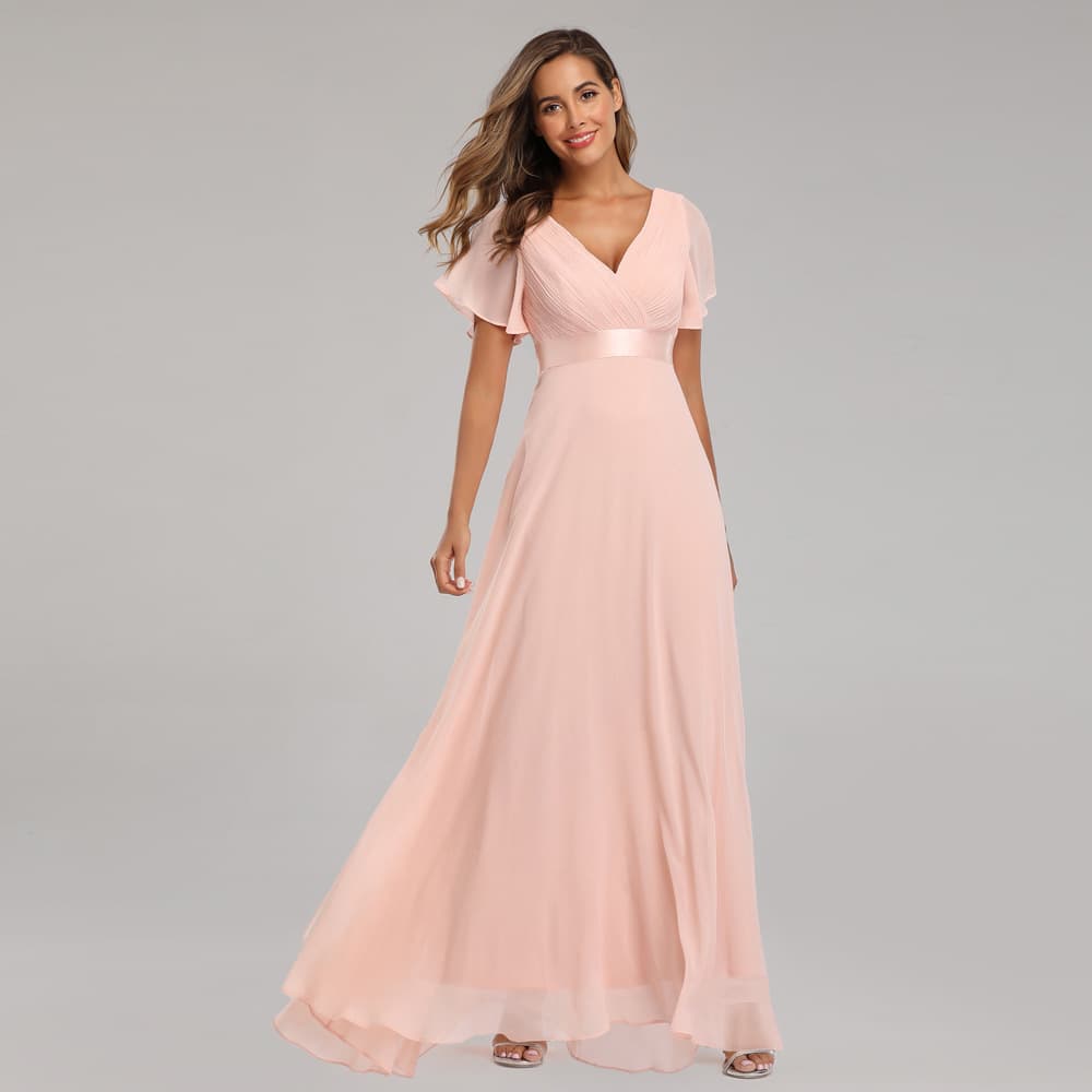 25 spring and summer hand-folded double V-neck trumpet sleeve dress elastic chiffon banquet bridesmaid plus size evening dress 3