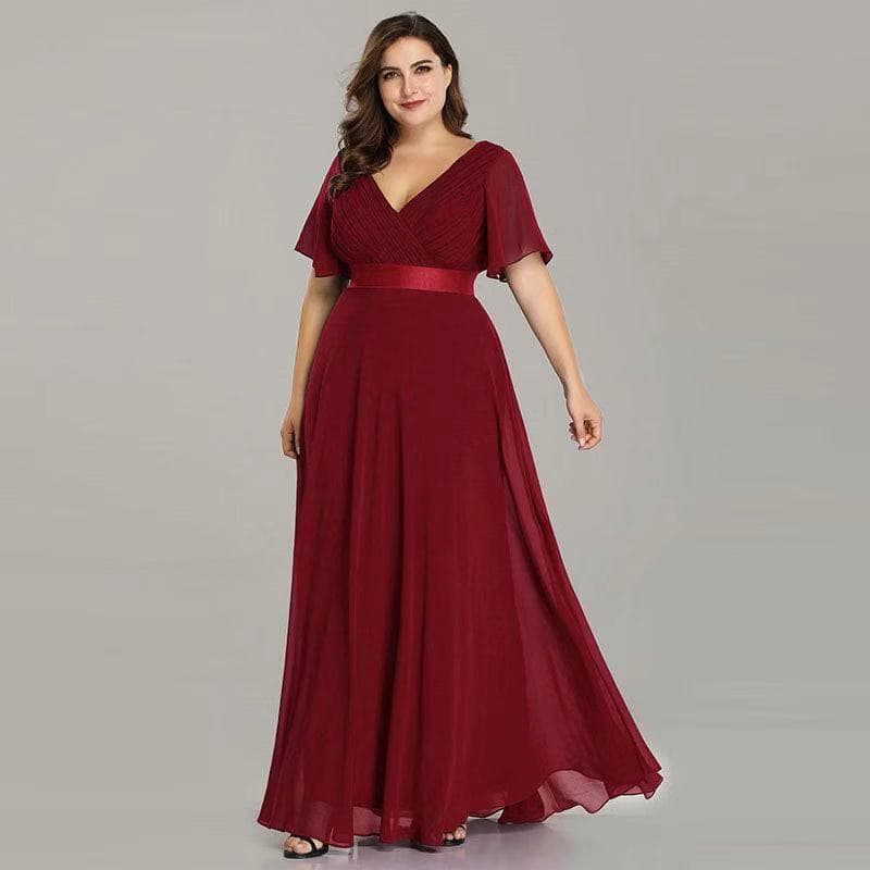 25 spring and summer hand-folded double V-neck trumpet sleeve dress elastic chiffon banquet bridesmaid plus size evening dress 5