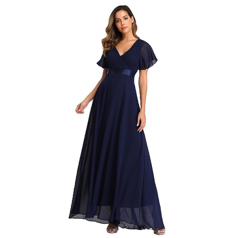 25 spring and summer hand-folded double V-neck trumpet sleeve dress elastic chiffon banquet bridesmaid plus size evening dress 6