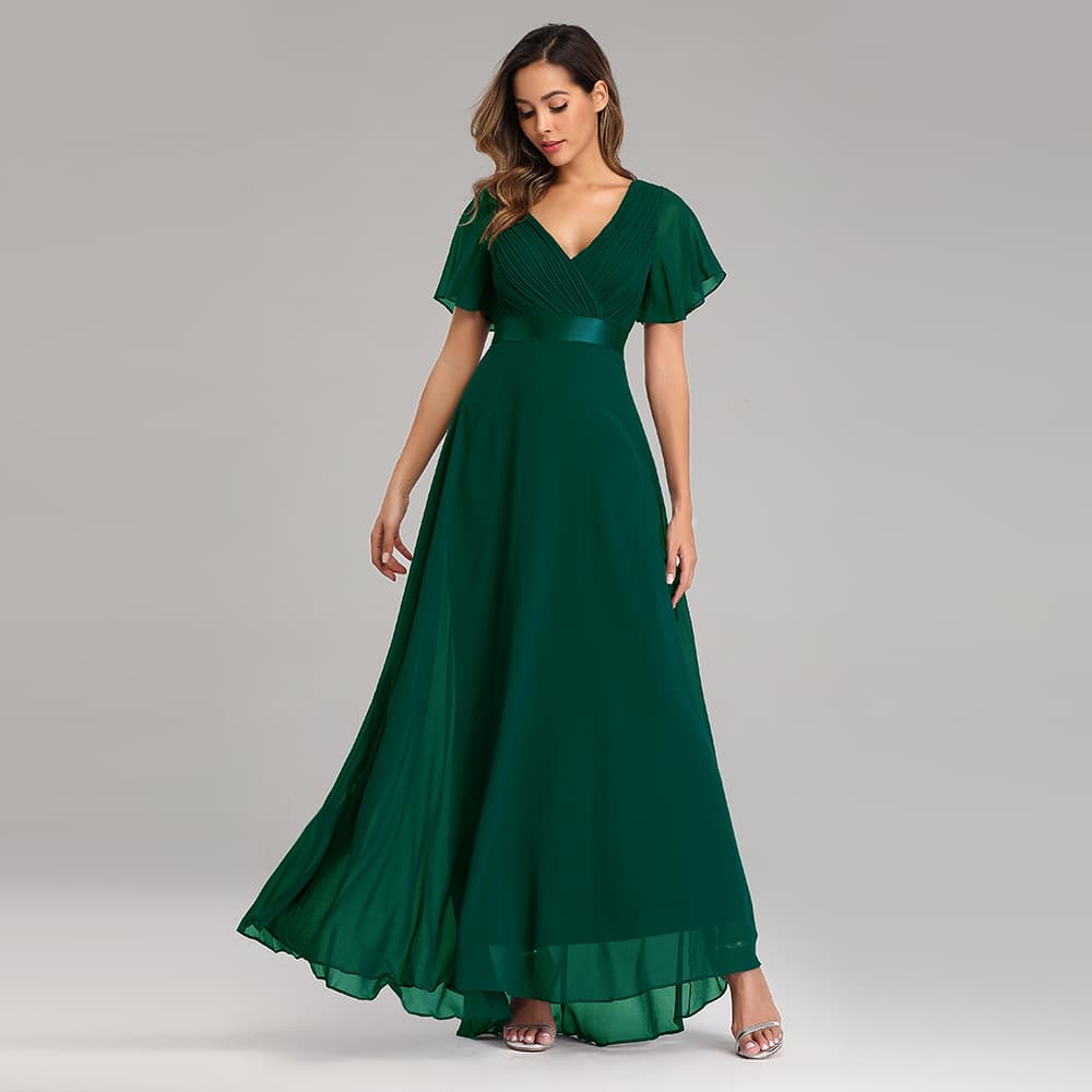 25 spring and summer hand-folded double V-neck trumpet sleeve dress elastic chiffon banquet bridesmaid plus size evening dress 7
