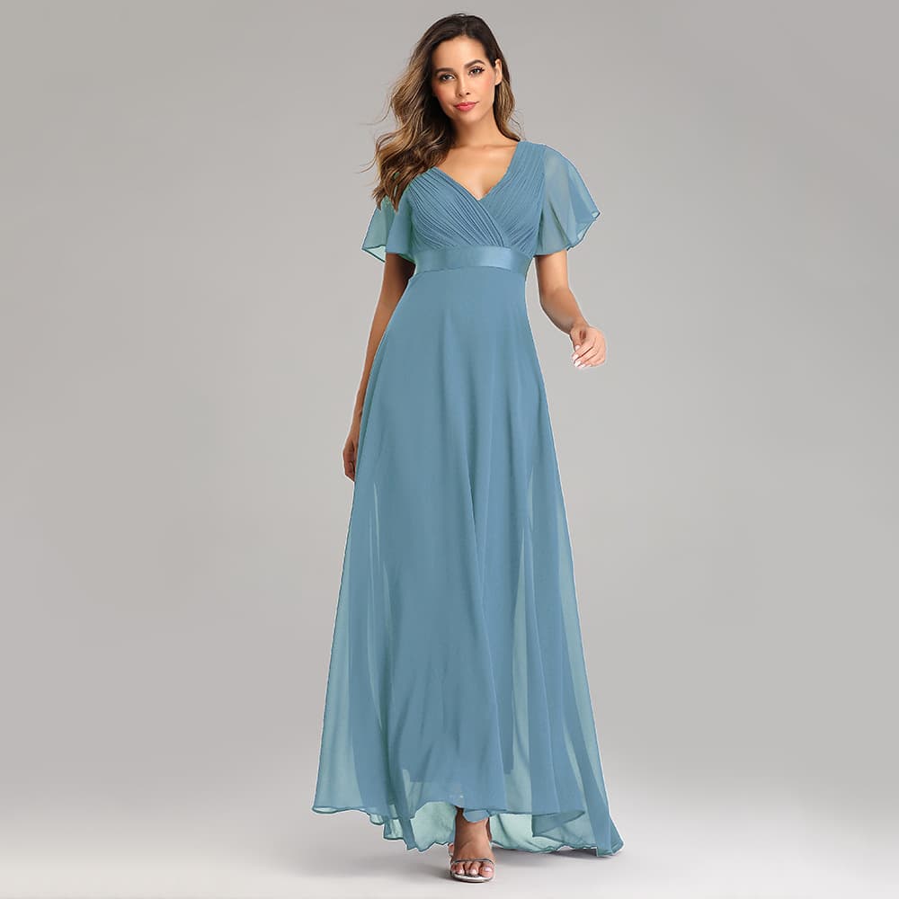 25 spring and summer hand-folded double V-neck trumpet sleeve dress elastic chiffon banquet bridesmaid plus size evening dress 8