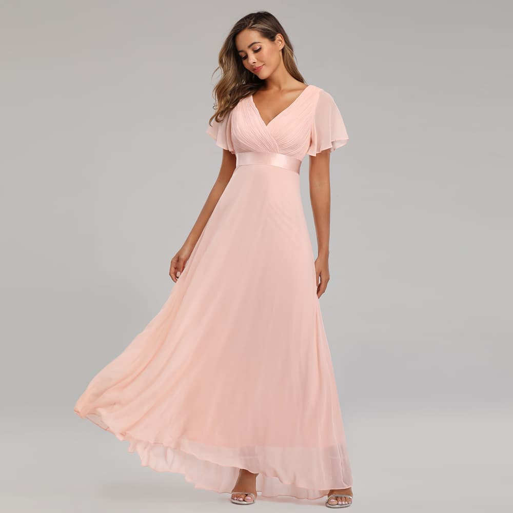 25 spring and summer hand-folded double V-neck trumpet sleeve dress elastic chiffon banquet bridesmaid plus size evening dress 9