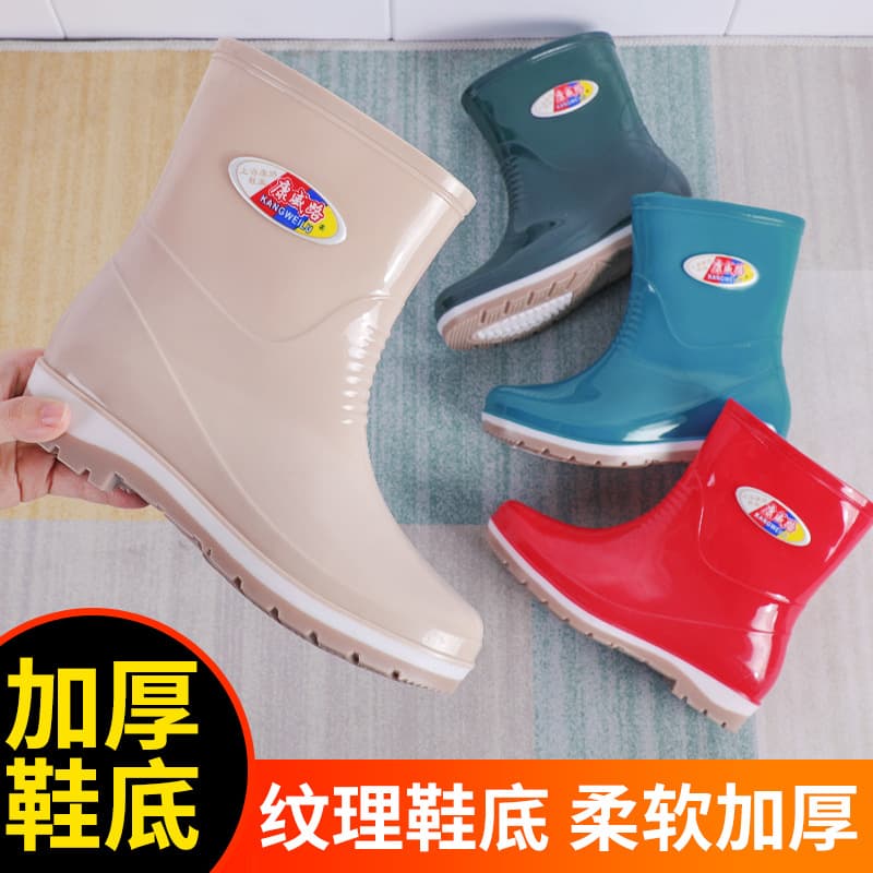 2026 long rain boots for women, non-slip, waterproof, medium-length kitchen work plus velvet water shoes, women's rain boots, rain-proof, low heel 3