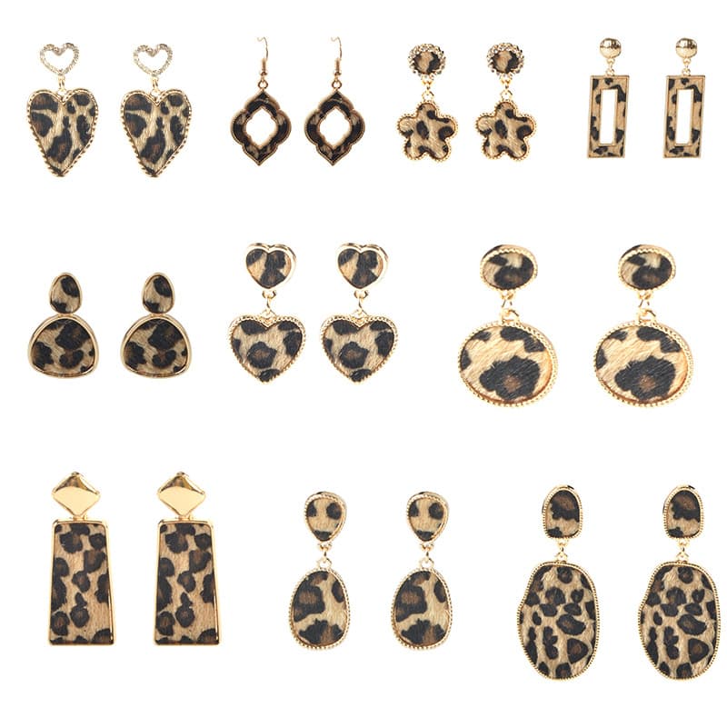 Cross-border hot style European and American leopard print series alloy drop-shaped earrings set geometric round heart-shaped leather earrings for women 2