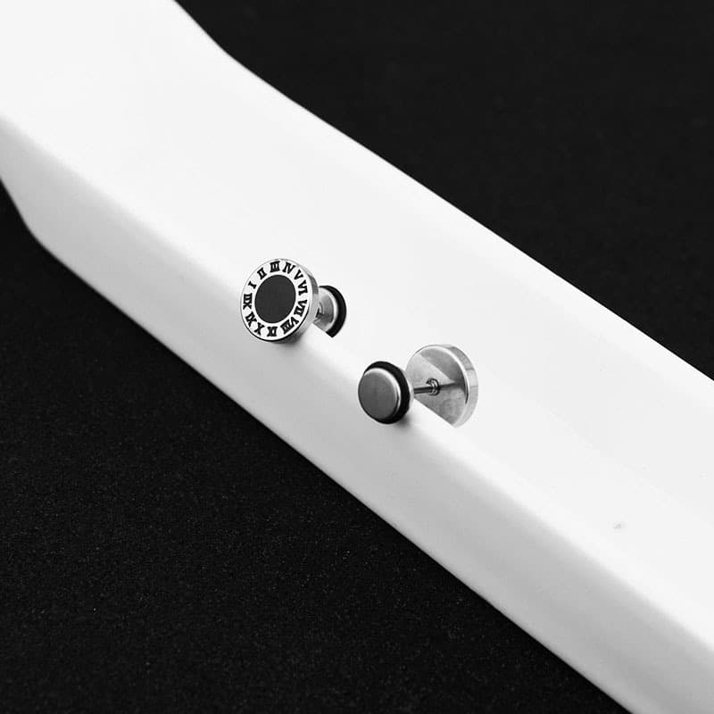 Stainless steel basic classic barbell earrings Roman numeral screw earrings dark style disco men and women street fashion 4
