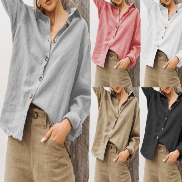 2026 spring and summer cross-border exclusive Amazon wish European and American fashionable lapel long-sleeved cotton and linen loose women's shirts 1