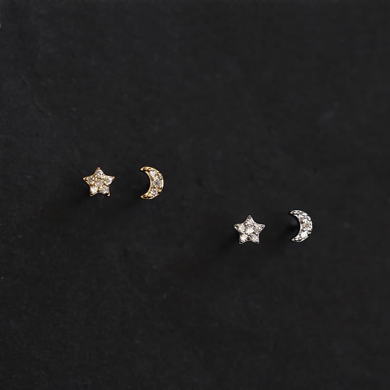 Small diamond star moon shape 925 silver needle asymmetric super mini cute earrings fashionable temperament light luxury