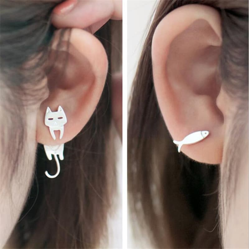 Korean style fashionable asymmetric cat fish temperament cute little fish cat earrings for women 3