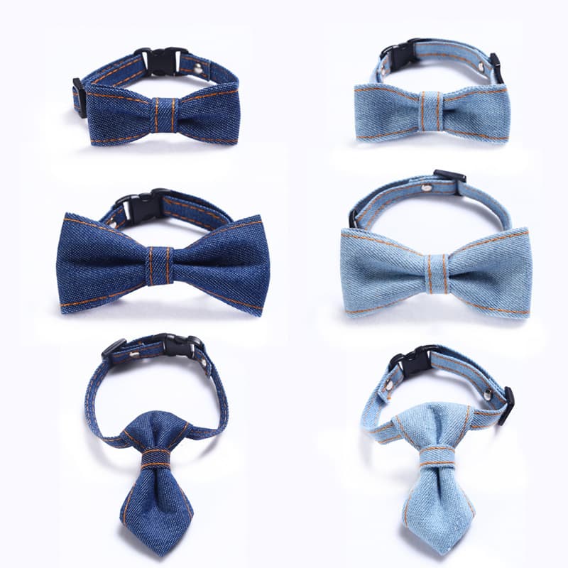 Pet denim bow tie collar for cats and dogs, adjustable tie collar, solid color denim pet accessories 2