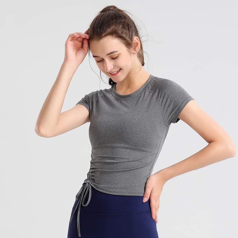 Spot new slim running fitness wear T-shirt drawstring slim quick-drying sportswear yoga wear tops women's short sleeves 7