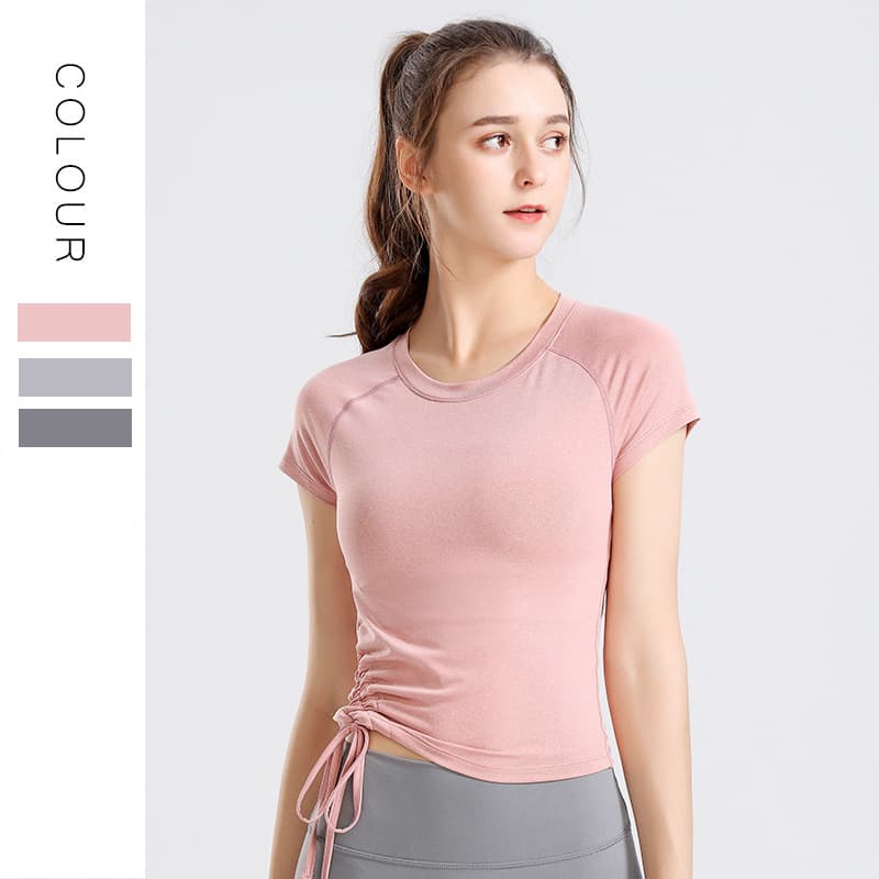 Spot new slim running fitness wear T-shirt drawstring slim quick-drying sportswear yoga wear tops women's short sleeves