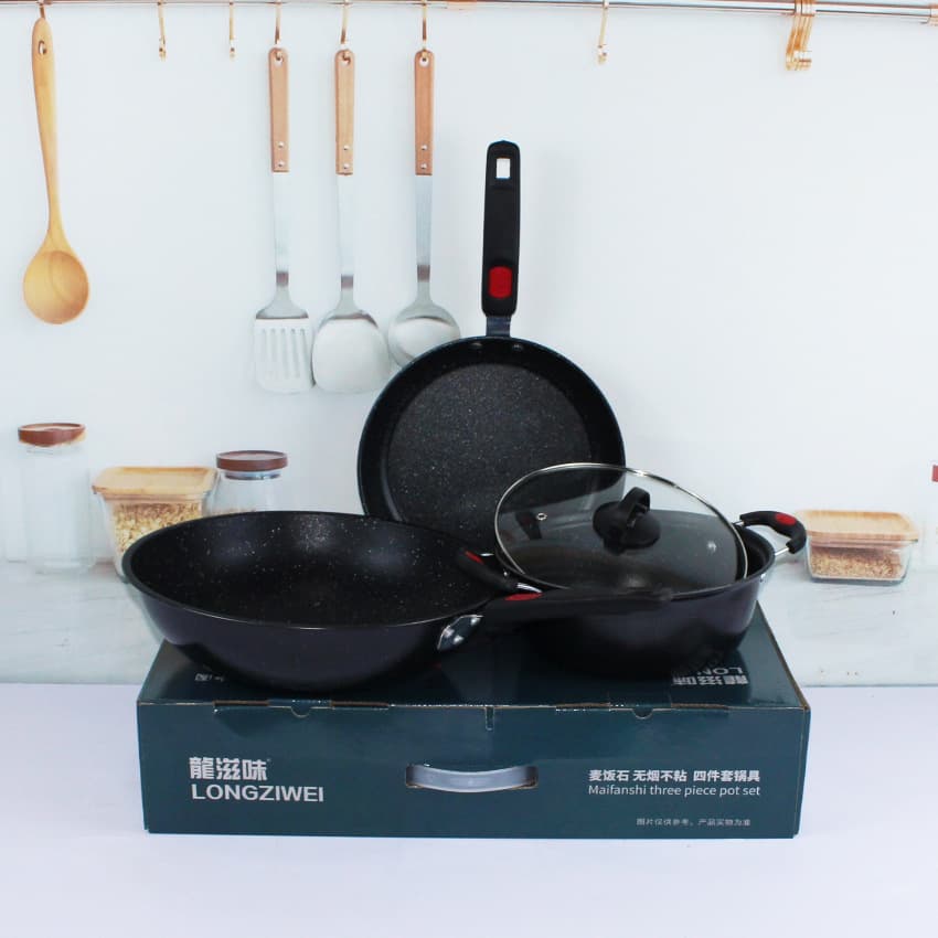 Medical stone iron pot three-piece set, non-stick pot set, gas induction cooker, universal wok combination gift 3