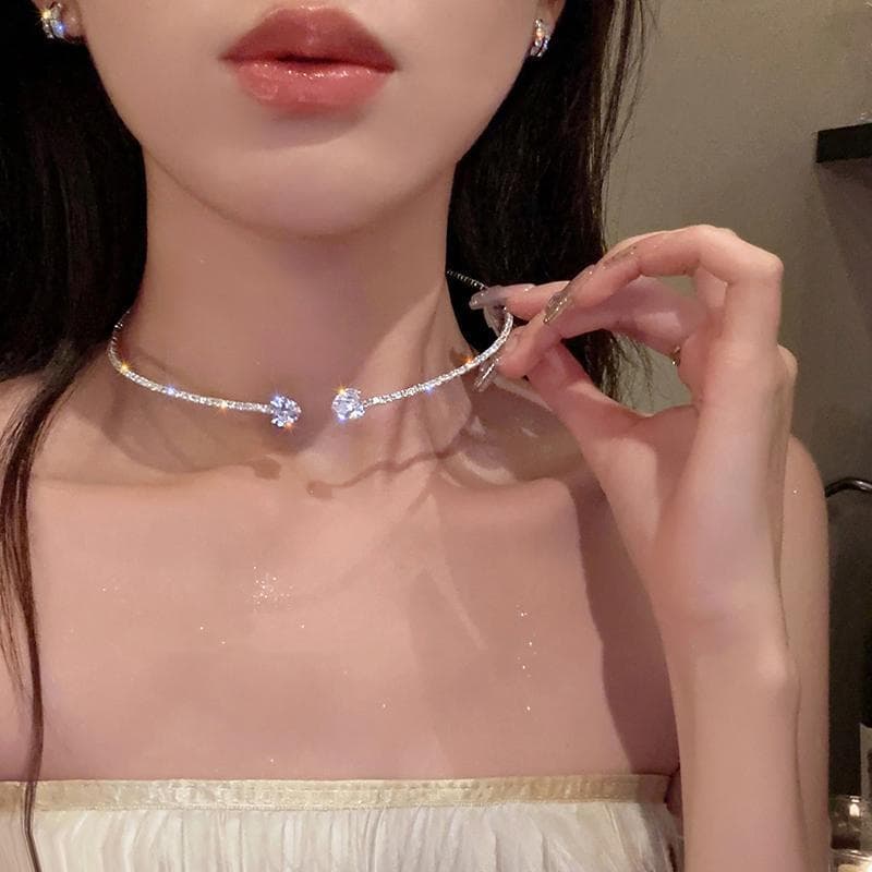 Full diamond pearl necklace for women, light luxury short style, personalized alloy acrylic open necklace, fashionable niche silver gold 5