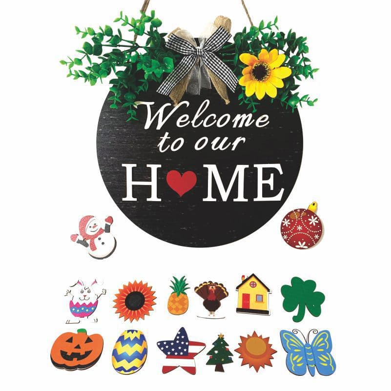Seasonal Welcome Door Sign Round Wooden Front Door Sign Christmas Easter Holiday Porch Home Decor 1