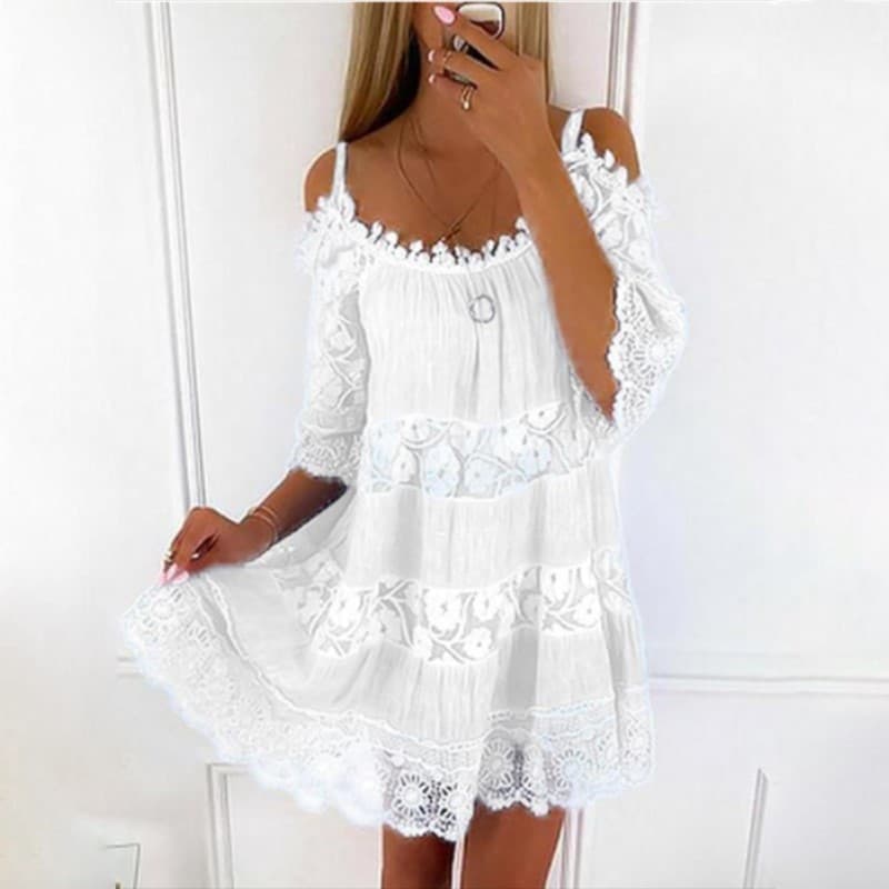 Cross-border Amazon princess style European and American dress off-shoulder lace suspender dress fashionable solid color loose dress 3