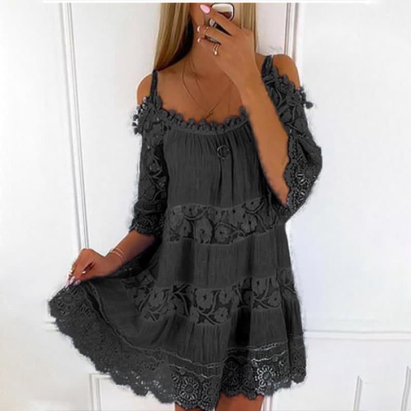 Cross-border Amazon princess style European and American dress off-shoulder lace suspender dress fashionable solid color loose dress 4