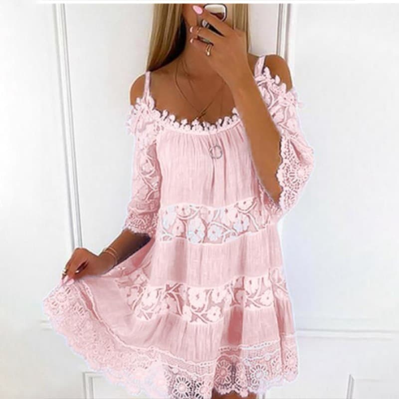 Cross-border Amazon princess style European and American dress off-shoulder lace suspender dress fashionable solid color loose dress 1