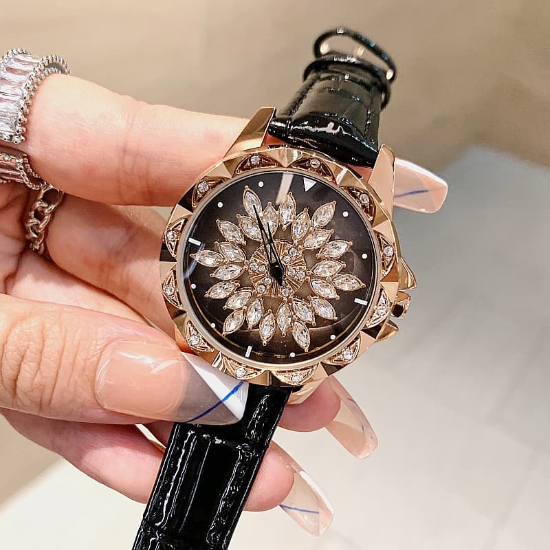 New Timini diamond-encrusted Korean style bright leather strap with rotating dial for women, trendy and fashionable watch for women 5