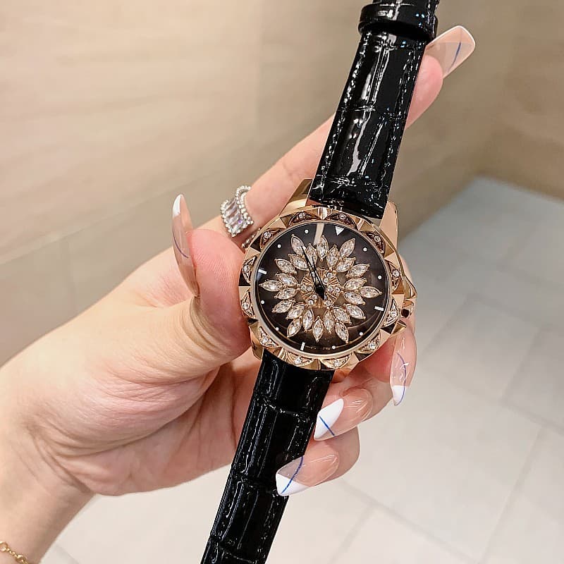 New Timini diamond-encrusted Korean style bright leather strap with rotating dial for women, trendy and fashionable watch for women 9