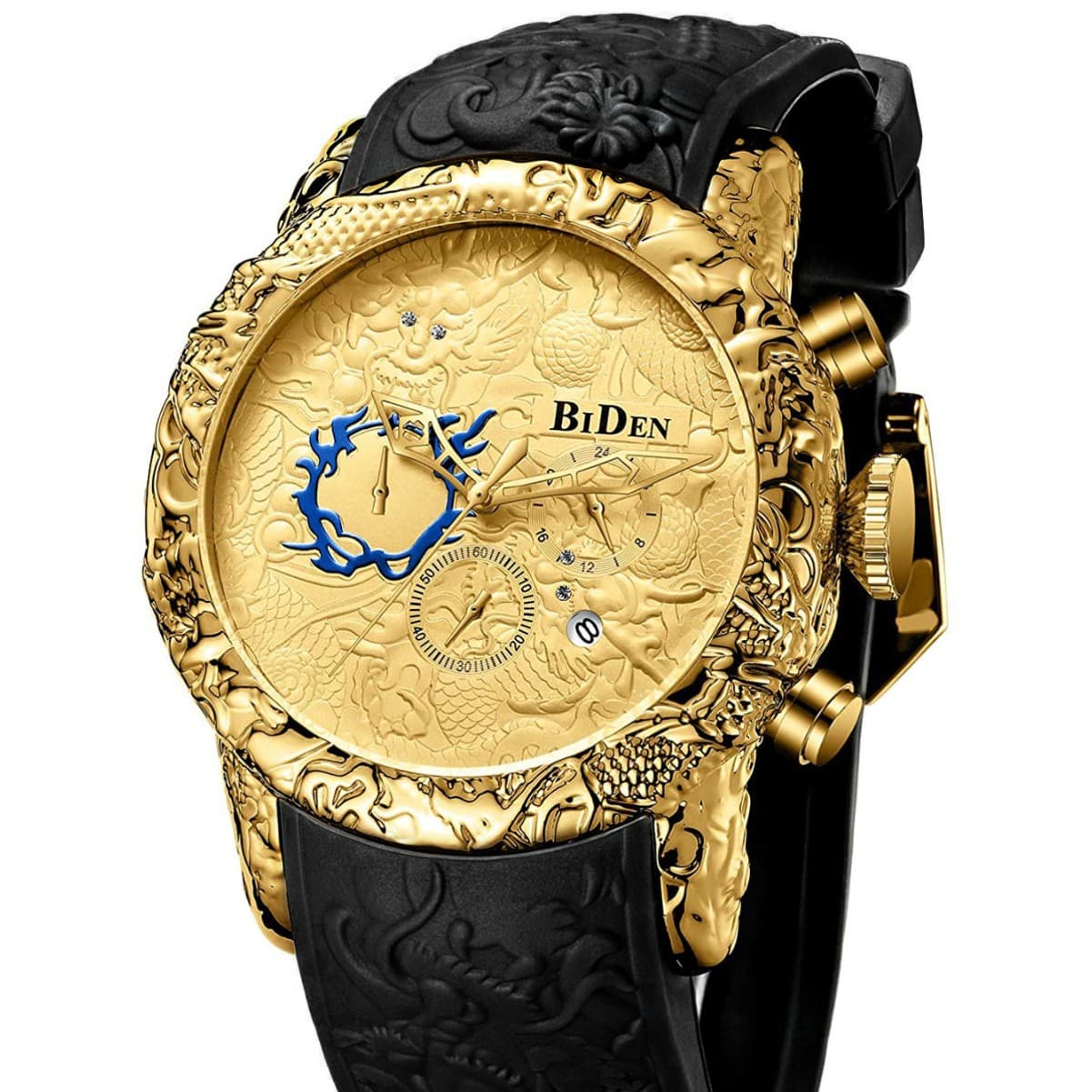 BIDEN Men's Watch Chronograph Waterproof Date Analog Quartz 3D Dragon Design Frog Tape Custom Watch 3
