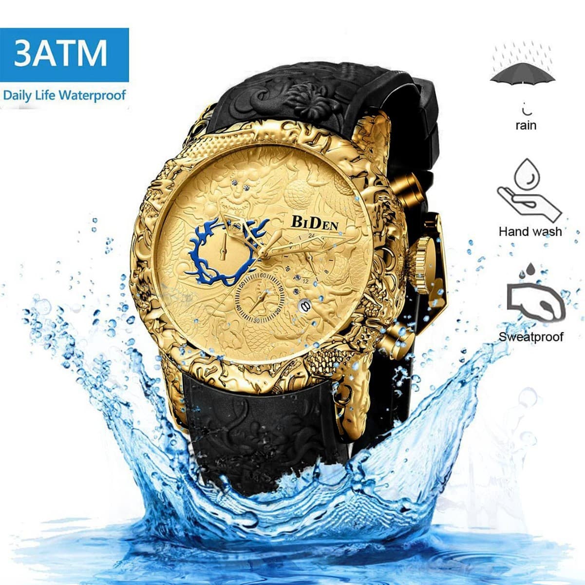 BIDEN Men's Watch Chronograph Waterproof Date Analog Quartz 3D Dragon Design Frog Tape Custom Watch 5