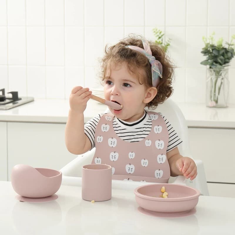 Infant and child complementary food feeding tableware food grade silicone beech wood spoon and fork children's wooden handle soft silicone complementary food fork and spoon 3