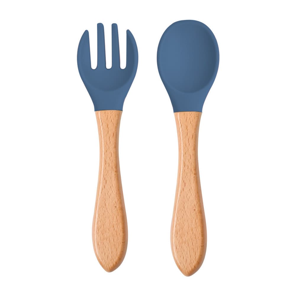 Infant and child complementary food feeding tableware food grade silicone beech wood spoon and fork children's wooden handle soft silicone complementary food fork and spoon 7