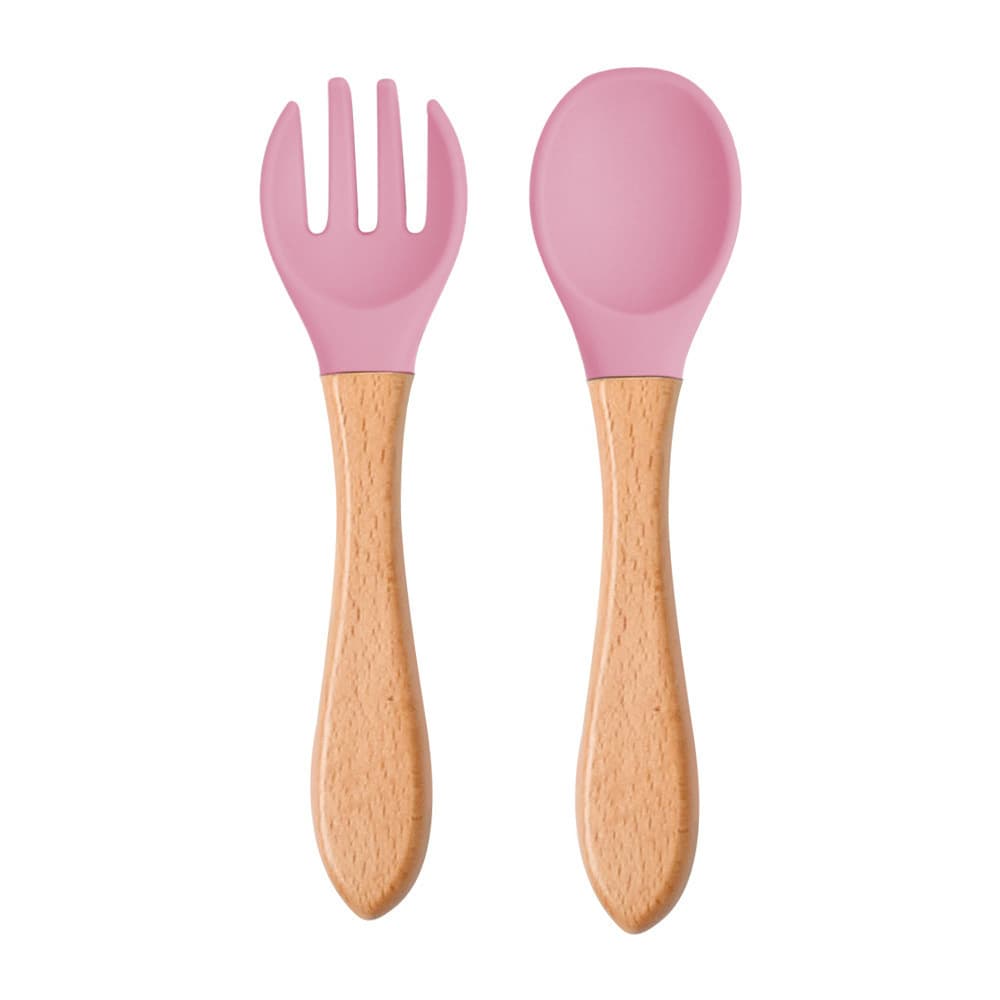 Infant and child complementary food feeding tableware food grade silicone beech wood spoon and fork children's wooden handle soft silicone complementary food fork and spoon 8