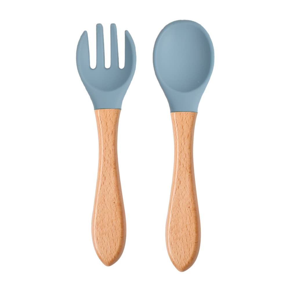 Infant and child complementary food feeding tableware food grade silicone beech wood spoon and fork children's wooden handle soft silicone complementary food fork and spoon 10