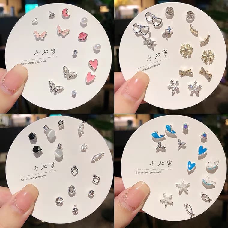 S925 silver earrings new Korean style cold style new style trendy simple ear piercing one week earring set 3
