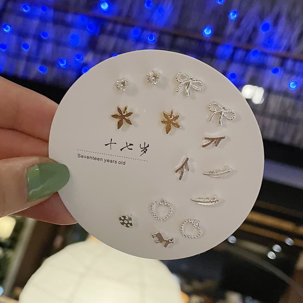 S925 silver earrings new Korean style cold style new style trendy simple ear piercing one week earring set 5